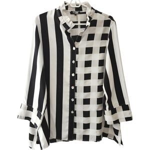 MiRELLE Black & White Contrast Striped & Plaid Ruffle Stand Collar Blouse Size L